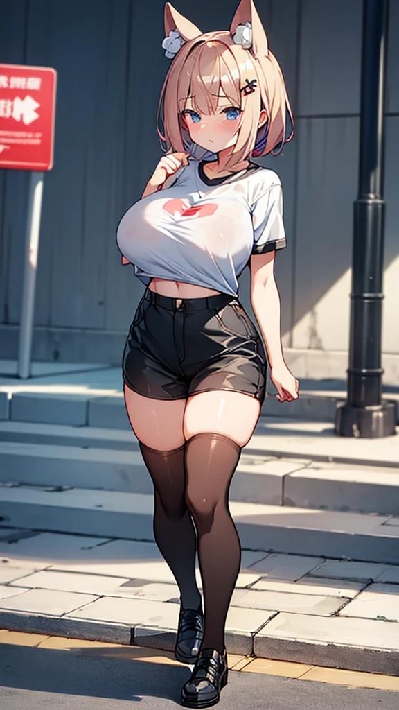 Full body image, front, One girl, 18-year-old, Mix 4, (32K, RAW Photos, Highest quality, masterpiece:1.2), (Anime-like, photoAnime-like:1.37), cute, Short sleeve T-shirt,Shorts,Black knee socks, night, rain, Humidity, Professional Lighting, Photon Mapping, Radio City, Physically Based Rendering, Super Resolution, (Big Breasts:1.2), {{The biological weapon that had preyed on the younger sister took her place and reunited with the older brother, The rebellious little sister has become the obedient little sister}}, Girl Skull, whole body, NSFW