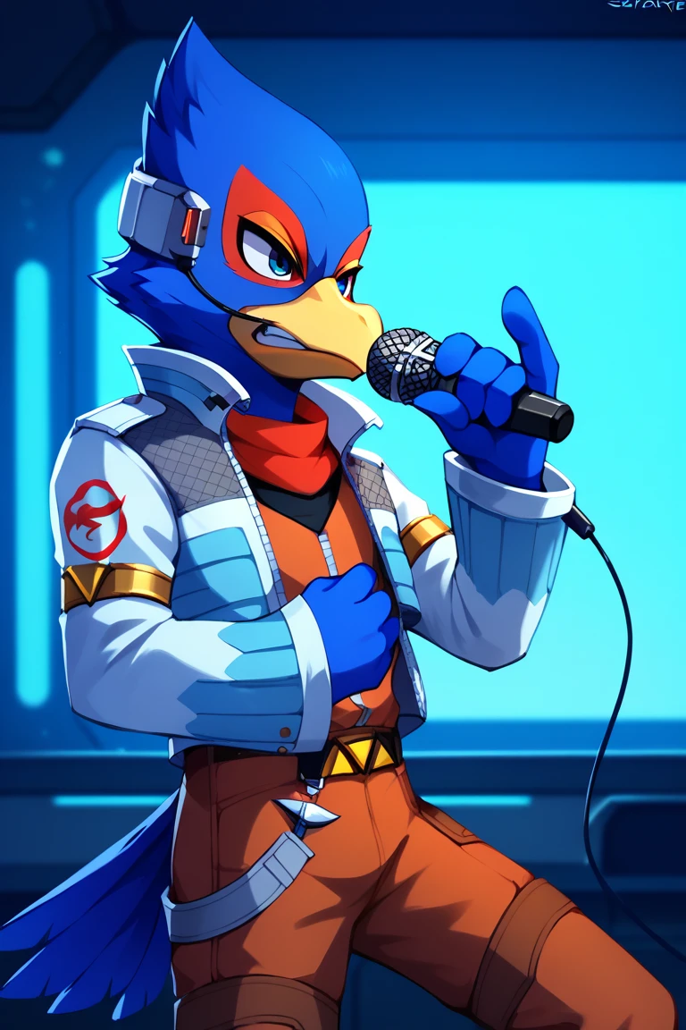 スcore_9, スcore_8_superior, スcore_7_superior, core_6_superior, One boy, alone, Falco Lombardi, Inside the spaceship, Beckoning, Holding a microphone with an angry look on his face。Blue dark room。