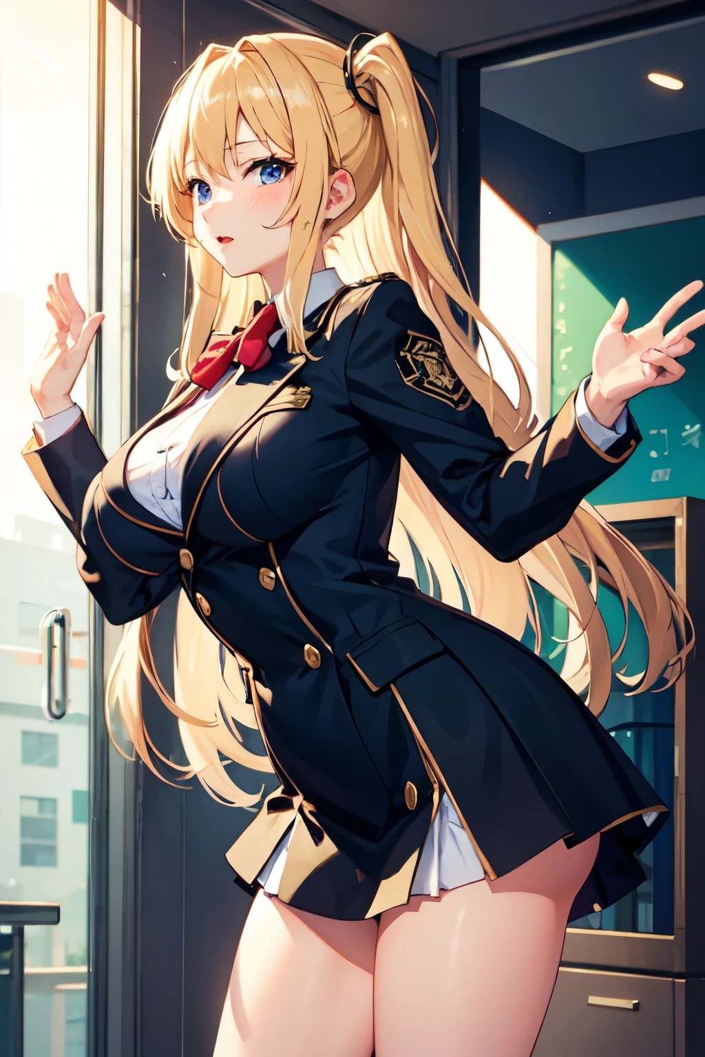 (((Upper Body、Exposing the breasts)))、((Shiny underwear)))、Uniform Blazer、Beautiful beauty、Long golden hair、((whole body))、(((Photo taken from below)))、School、classroom、Large Breastini skirt、Panties are black、Japanese、expensive、Long limbs、18-year-old、saeki kaori、A beautiful nose like a model、Please put your hands on your hips、Natural smile、Sexy pose、Hairstyle: Ponytail