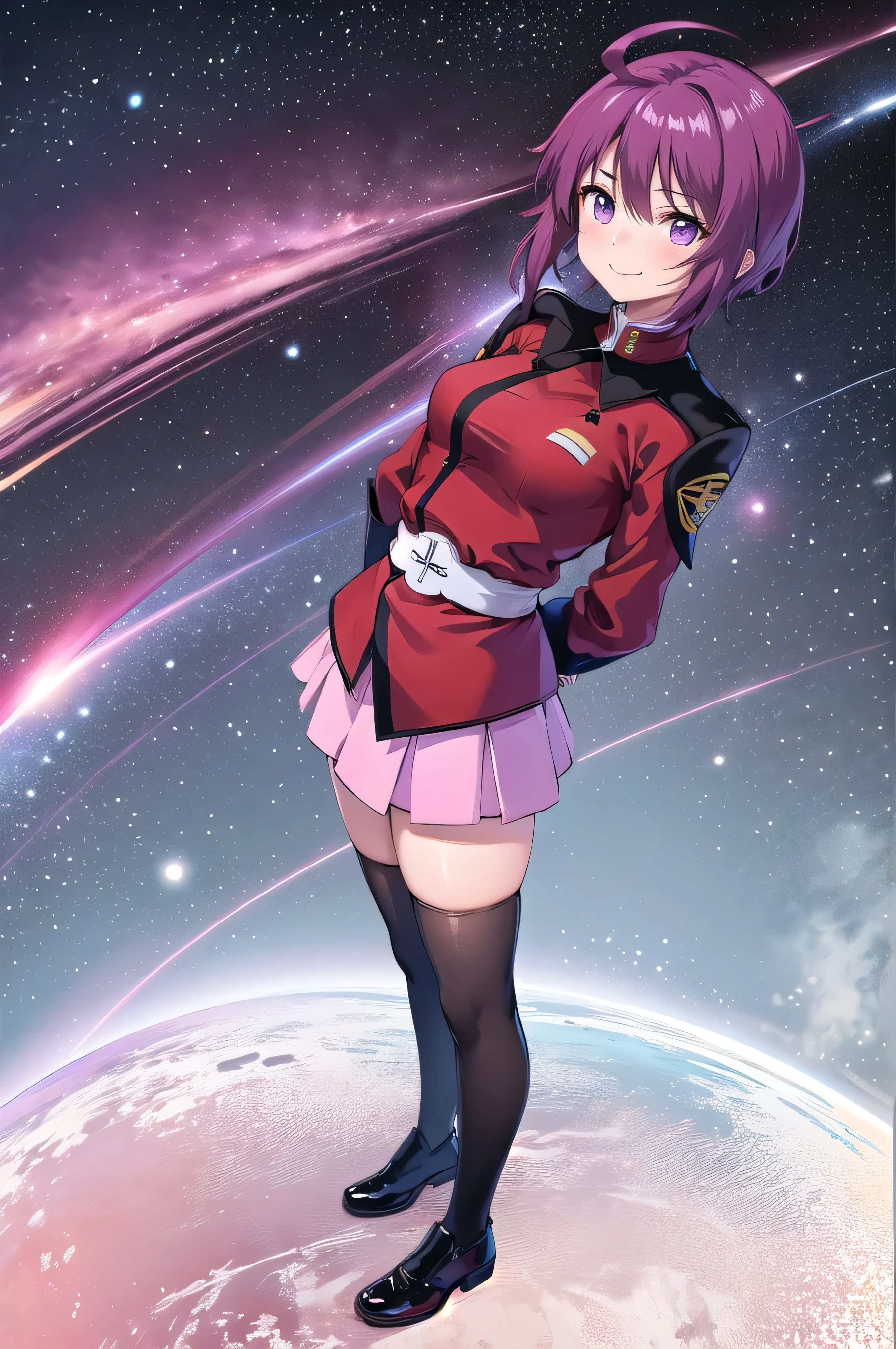 masterpiece,Highest quality,One girl, Woman,Lunamaria Hawke,short hair,Ahoge,Redhead,Purple eyes,Purple Hair,Pink Skirt,uniform,Black knee socks,Long sleeve,smile,Are standing,Put your arms behind your back,I had already finished,Inside the Universe,sf,universe,From above,Dutch Angle,