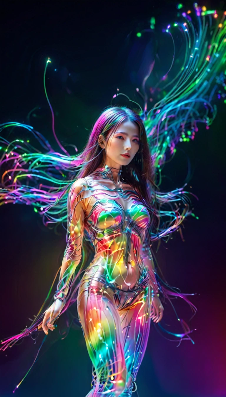 Ultra-Realistic Capture,18k,RAW Photos,Highest quality,masterpiece,reality,Very detailed,Very beautiful woman,Android,cyborg,cyber-,(((full body))),(Very detailedな電子機器),(Skin that clearly shows the internal electronics),Very thin connecting wire,Full-body connection lines,Fully transparent rainbow skin,Advanced AI,neon,Small glowing LED light,Very long messy hair,Standing posture,Long legs,slender,Tall,Standing on tiptoes,Floating,