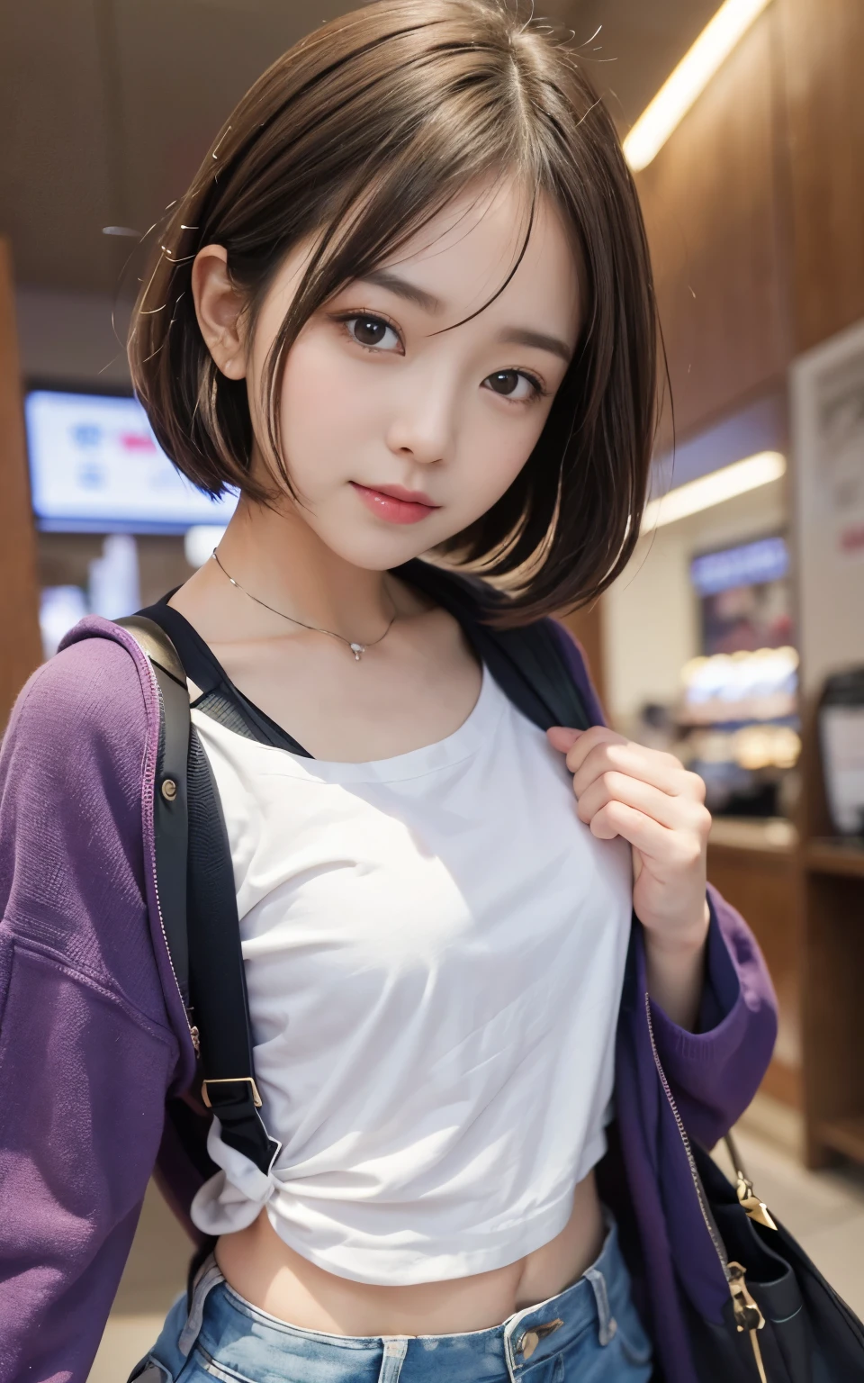 Cute 21 year old Japanese、shopping、Ultra-detailed facial features、Attention to detail、double eyelid、Beautiful and thin nose、Sharp Focus:1.2、beauty:1.4、(Light Brown Hair、Short Hair、)、Pure white skin、highest quality、masterpiece、超High resolution、(Photorealistic:1.4)、High resolution、Professional Lighting、nice smile、please show me your whole body、Casual pants、Colorful spring clothes、