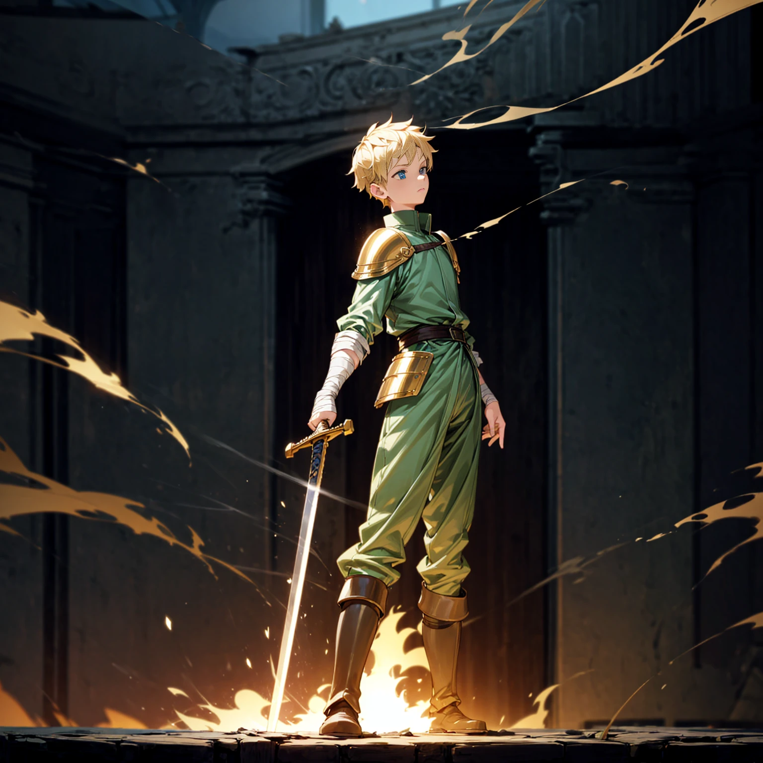 1boy, Full body version, 1character, blue eyes, sad eyes, short haircut, blonde color hair, bandage on head, soldier style outfit, big armors, black Boots, Grassroots, full background indoor building, motion blur, (one piece style art), standing gesture, sword lighting gold in hand, fire effect on sword, smoke effect, fire effect in background, plasma effect, light fire, (high angle view, hd, masterpiece)