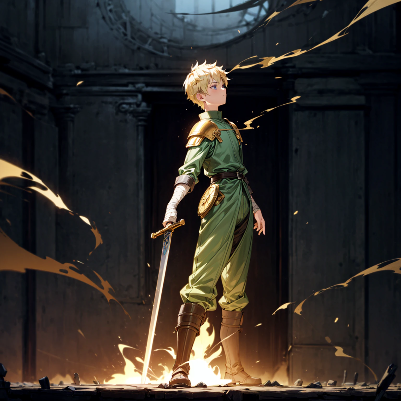 1boy, Full body version, 1character, blue eyes, sad eyes, short haircut, blonde color hair, bandage on head, soldier style outfit, big armors, black Boots, Grassroots, full background indoor building, motion blur, (one piece style art), standing gesture, sword lighting gold in hand, fire effect on sword, smoke effect, fire effect in background, plasma effect, light fire, (high angle view, hd, masterpiece)
