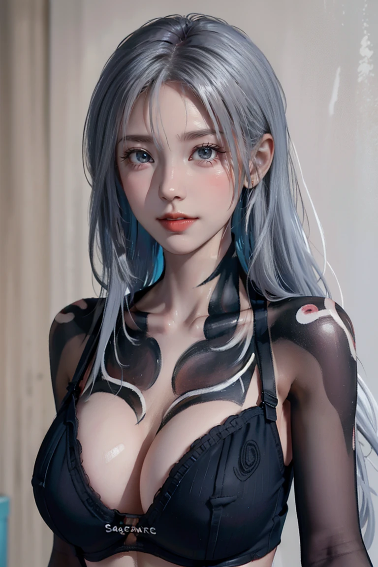 masterpiece, (Highest quality, Very detailed:1.4), (Ultra-high resolution:1.4),(Long silver hair, Spanish Curly Hair), (Sharp focus:1.3), (Very detailed:1.3), masterpiece, Highest quality, One Girl, alone, (Body painting:1.4), Street wall background, View your audience, (F cup saggy breasts), photography lighting, model, Fair skin, painting on Fair skin, Large area Body painting, Flame costume themed Body painting, ((Chest painted:1.2)),Detailed nipples