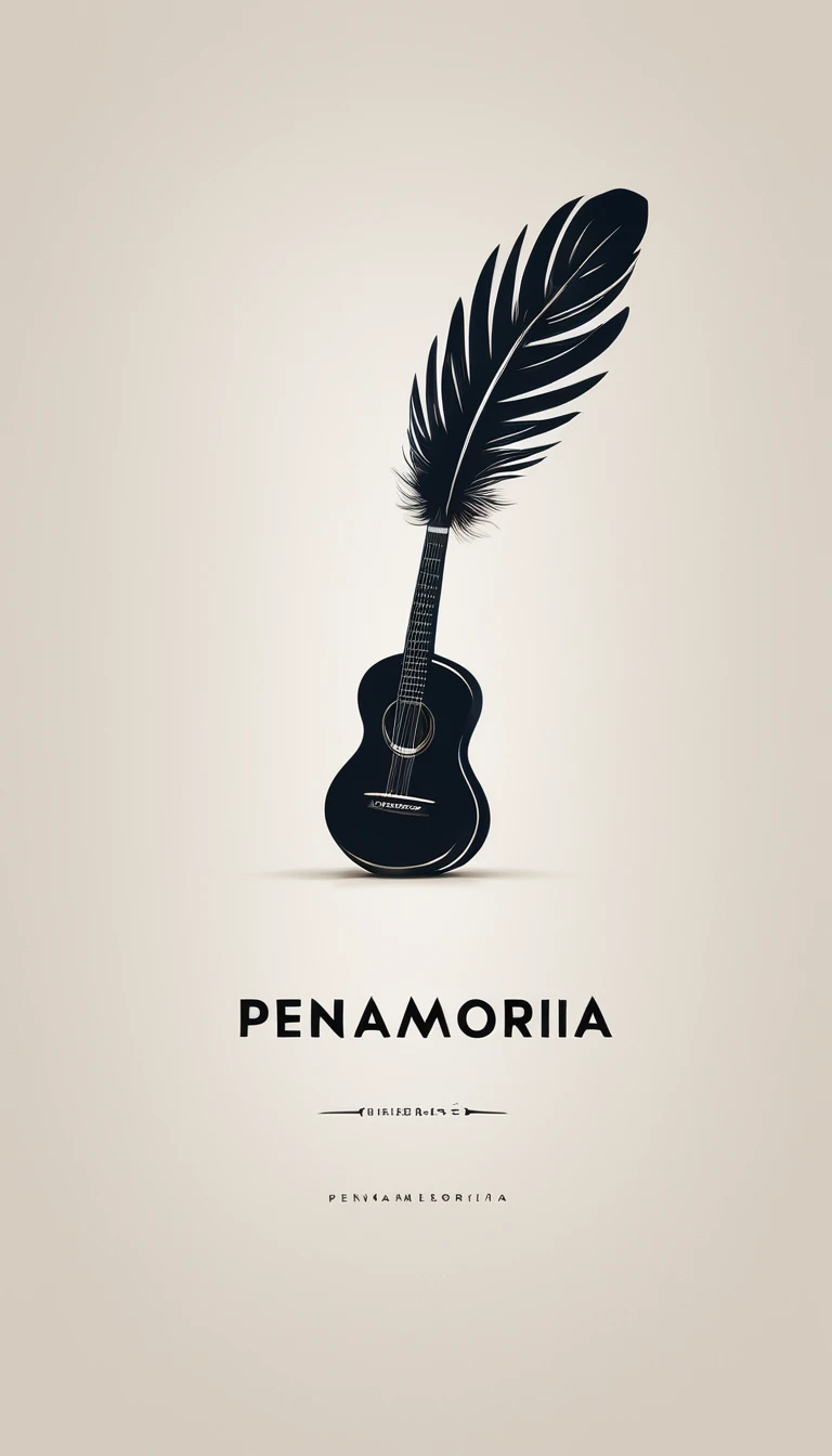 A minimal, modern, simple, cinematic logotype for the brand “Penamemoria". The logo design must be a simple, magical feather and a boy playing acoustic guitar. The logo must convey a sense of music, stories and dreams. Logo design impressed on a book cover. Minimalistic logo