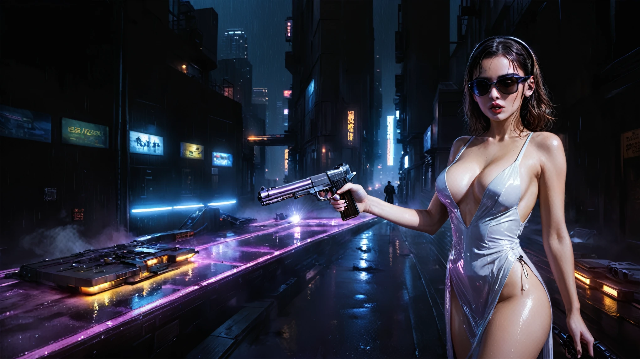 (((aerial view))), (flying cars docking platform), Blade Runner style futuristic city alley, neon lights, rainy night. (1girl, solo, alone), large-breast:1.2 slim body, cleavage:1.1, sexy wind blowing wet dress:1.4, headphone, (black sunglasses), (((she raised a pistol:1.8 and shot:1.8 the viewer))), dynamic pose, (((half-body thigh level medium shot))), cinematic lighting, lens flare, ray tracing, zoom-in blurred:1.4 background.