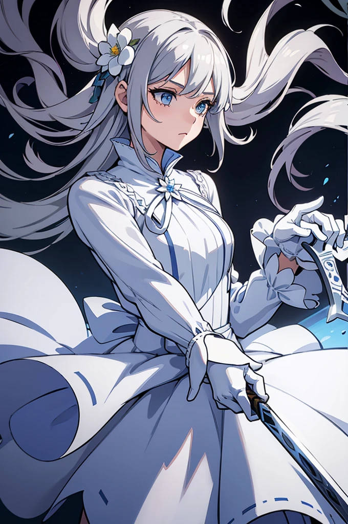 One girl, alone, Long Hair, chest, hair ornaments, gloves, Long sleeve, White Background, dress, Holding, arms, flower, Gray Hair, Side Lock, , sword, white gloves, hair flower, flowerびら, blue dress