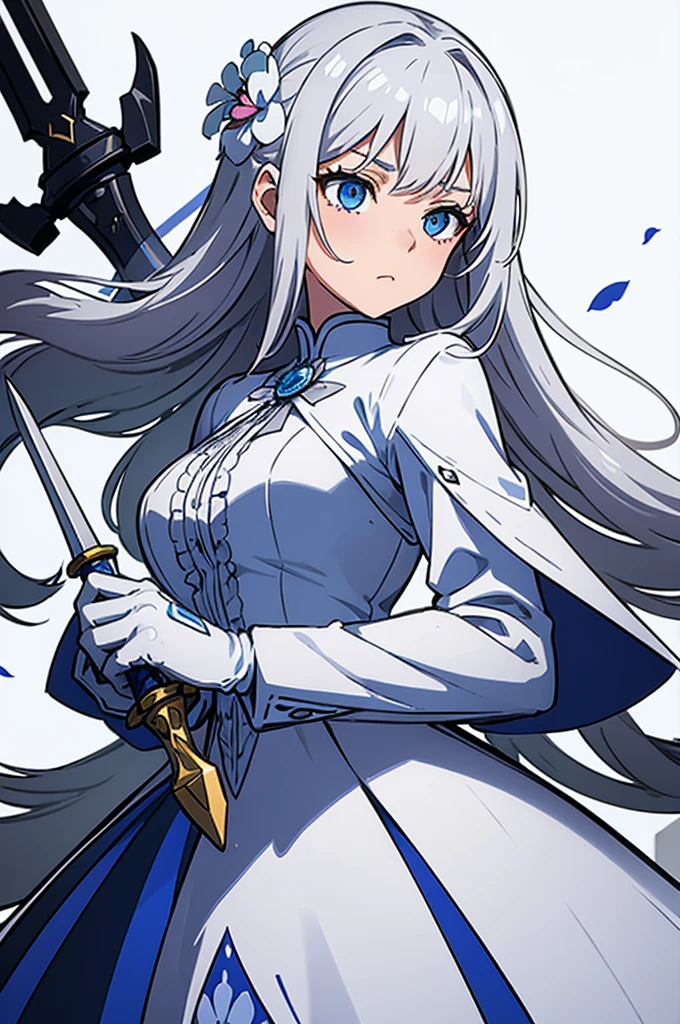 One girl, alone, Long Hair, chest, hair ornaments, gloves, Long sleeve, White Background, dress, Holding, arms, flower, Gray Hair, Side Lock, , sword, white gloves, hair flower, flowerびら, blue dress