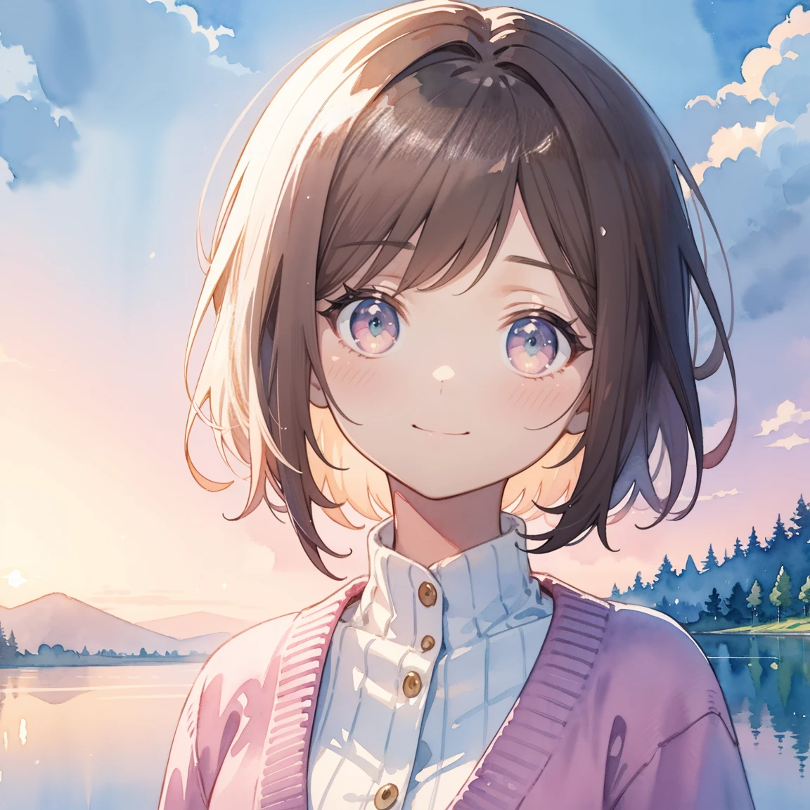 masterpiece, high quality, ((watercolor)), Soft colors, breast enhancement, Portrait, Dark brown hair, Straight very short hair, A kind smile, Pale pink cardigan, Private Server, Big dark eyes, Pastel yellow and pink light, watercolor風の背景,  Dreamy atmosphere, Kind expression, No sharp lines, Warm atmosphere, cute, A delicate touch, mysterious, Calm colors, watercolor画