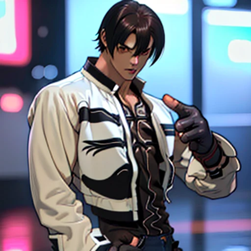 Kusanagi Kyo, Nest Kyo, KOF2002 2002, The King of Fighters 2002, Kusanagi Kyo 2002, White jacket, black t-shirts, Cross T-shirt, jeans, Fingerless gloves, Brown Hair,erection,pain,tall,Cool handsome young man