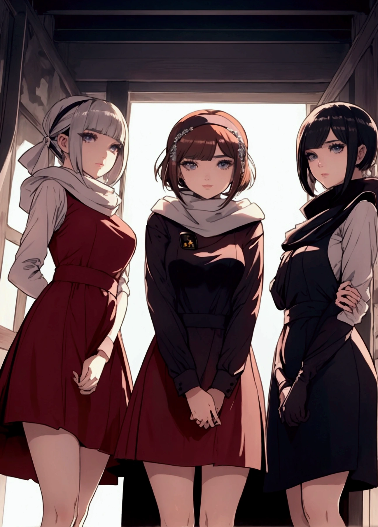masterpiece), best quality, high resolution 3girl bob cut medium hair standing alone cowl headband profile image looking at viewer beautiful eyes beautiful face extremely detailed
