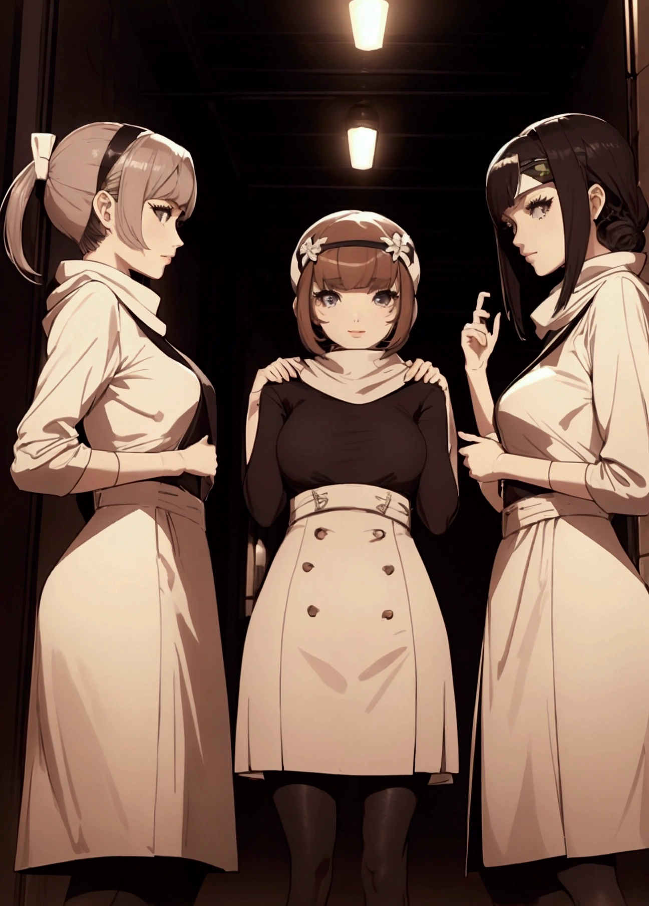 masterpiece), best quality, high resolution 3girl bob cut medium hair standing alone cowl headband profile image looking at viewer beautiful eyes beautiful face extremely detailed