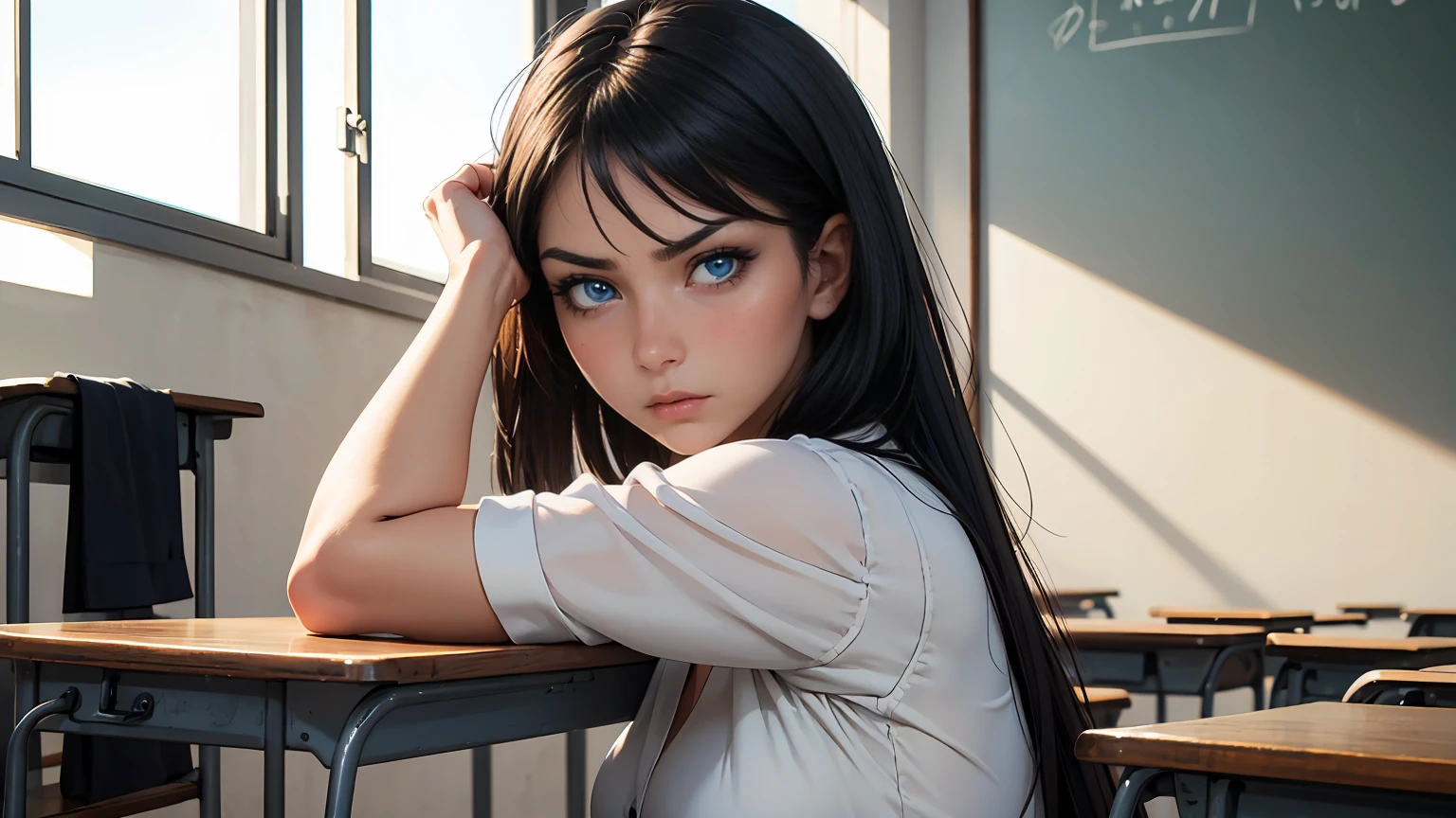 Masterpiece, high quality, best quality, beautiful, HD, realistic, perfect lighting, detailed face, detailed body, 1 girl, black hair, blue eyes, sexy, suit , (dull expression: 1.5) (face natural: 1.5), sitting in the classroom