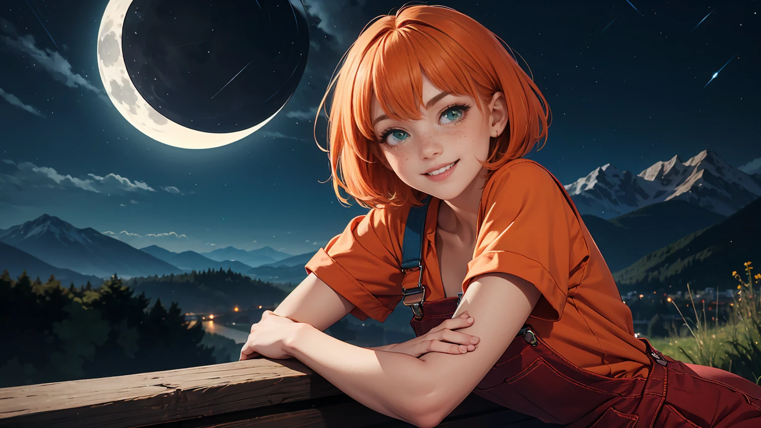 1girl, sxfrances, short hair, orange hair, green eyes, freckles, smile, red overalls, blue shirt, roll up sleeve, mountain, moon, (night:1.5), looking at viewer 