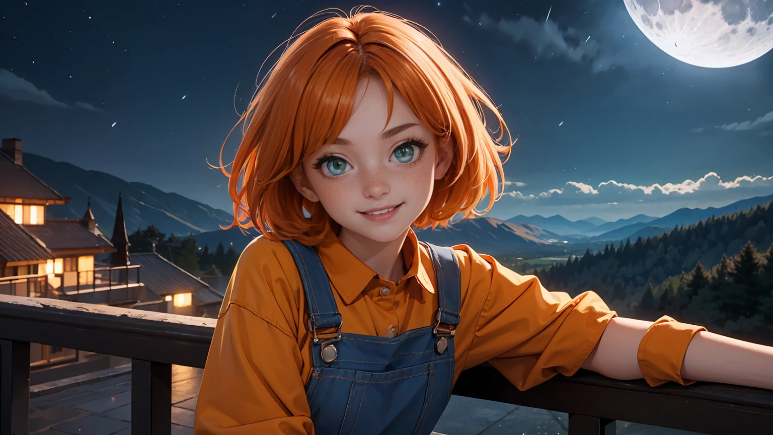 1girl, sxfrances, short hair, orange hair, green eyes, freckles, smile, red overalls, blue shirt, roll up sleeve, mountain, moon, (night:1.5), looking at viewer