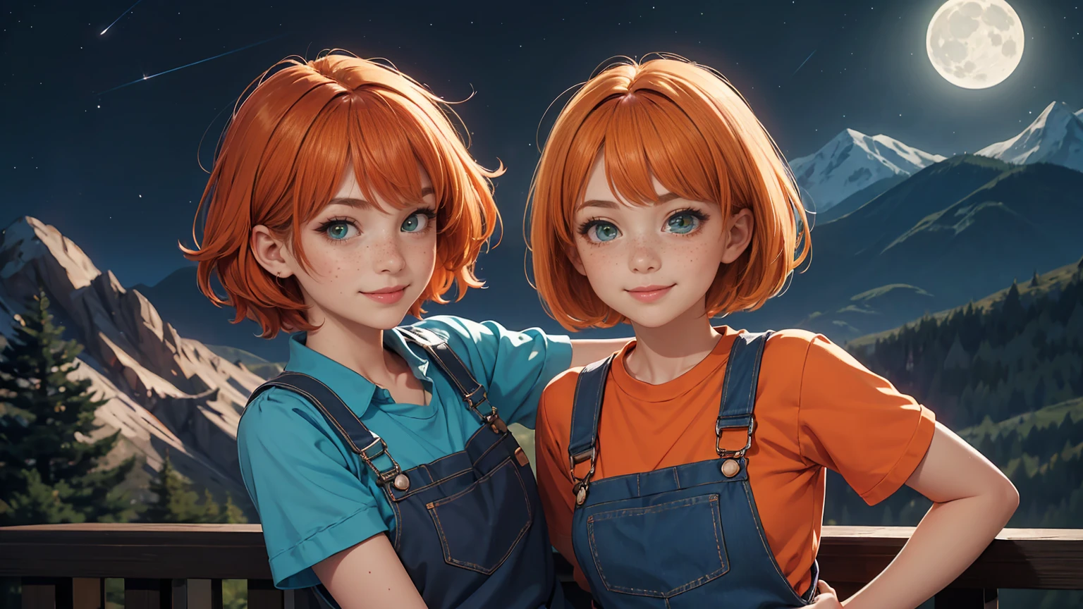 1girl, sxfrances, short hair, orange hair, green eyes, freckles, smile, red overalls, blue shirt, roll up sleeve, mountain, moon, (night:1.5), looking at viewer