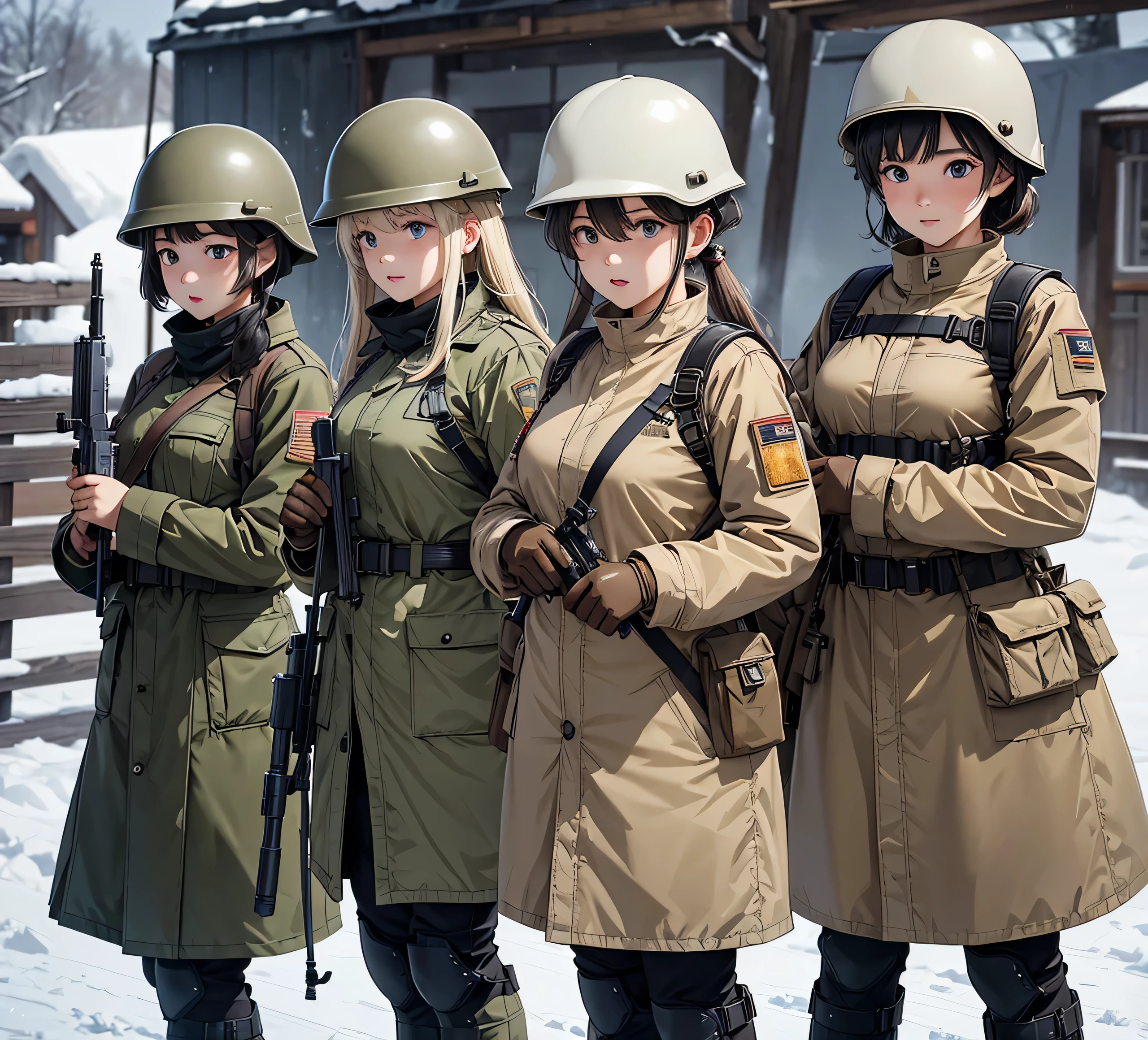 A group of female soldiers all wearing beige thick coats、Wear a steel helmet、Gloves、Magazine Pouch、Tactical harness、Standing guard with gun、Snowy military camp、Write details、masterpiece、best quality、Highly detailed CG、8K picture quality