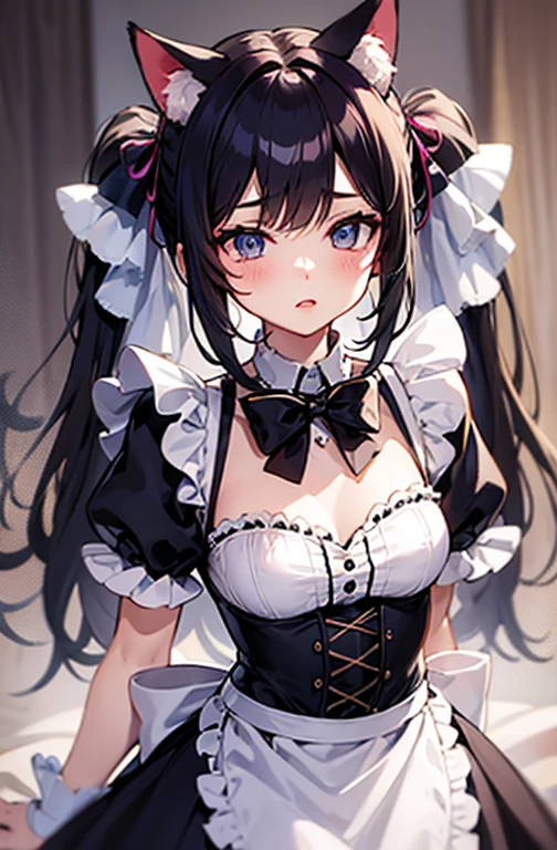 Private Maid, Twin tails, Very long hair, Cat ear, Maid's Headdress, Hair Clip, Cleavage, Huge breasts, Neck bell, bow, Maid Apron, White gloves, elbow gloves, Garter Straps, White knee socks,(Upper Body:1.3),Open your mouth, Embarrassing ,blush,(Spread your legs:1.3),(Lift your legs),masterpiece,Noise Reduction,Perfect Anatomy,High resolution, Very detailed,Game CG,Dutch Angle ,Beautiful attention to detail,Visual Arts,Five Fingers, Perfect hands, Perfect lighting,
