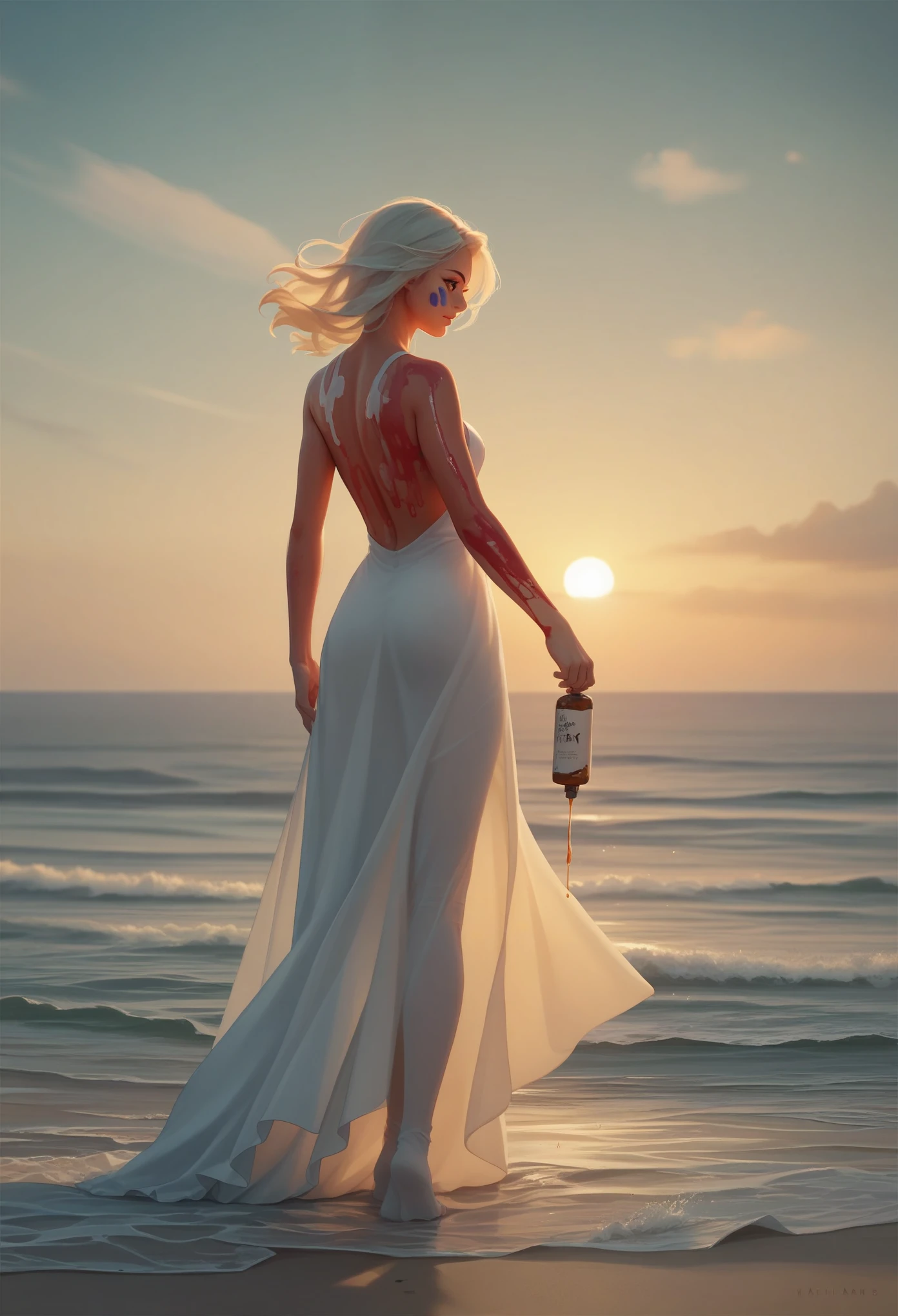 (Masterpiece. Uhd. Oil paint) a giant wild dragon in the sea looking at woman in satin evening gown standing on the beach. The woman appears to be tiny compared to the dragon size.Wind. Early morning light.movie scene. Dramatic light.