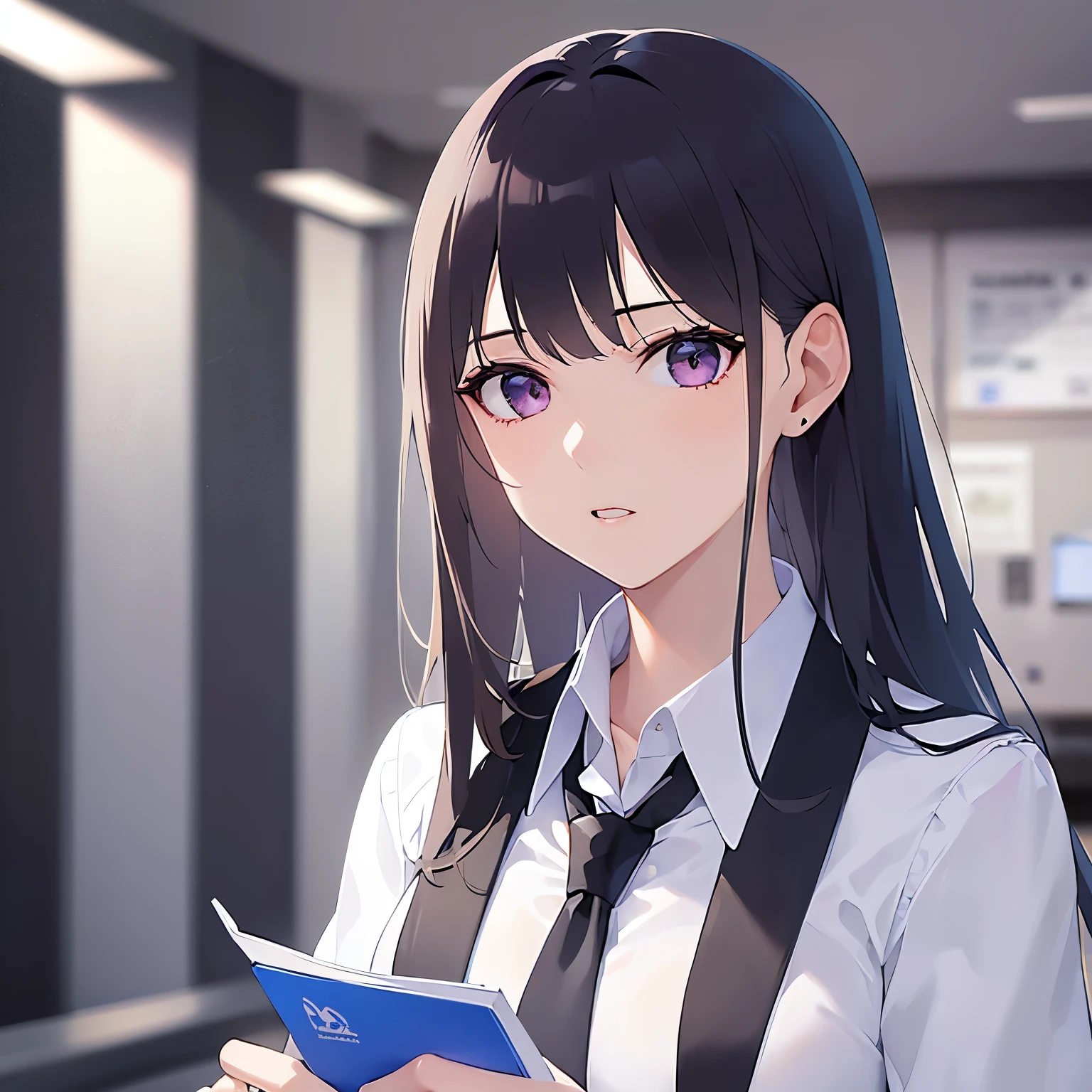 holding a document, Biologically correct five fingers、Upper Body, Realistic, real person, (pale skin: 1.2), RAW photo, photorealistic, shiny skin, shiny hair、(A 25-year-old woman with straight hair and bangs) and (medium hair) and (black hair) and (purple eyes) , (business suit:1.5) and (white collared shirt)、expressionless, The background is the office、Alone、Are standing
