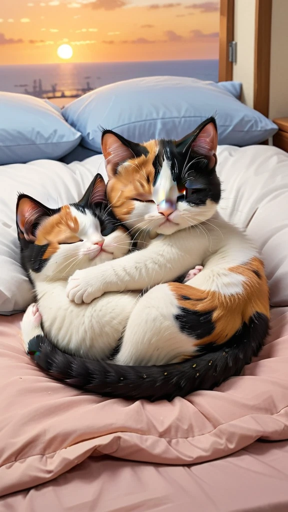With the sunset in the background,(masterpiece:1.2, high quality), A calico kitten sleeping together in bed、smile,