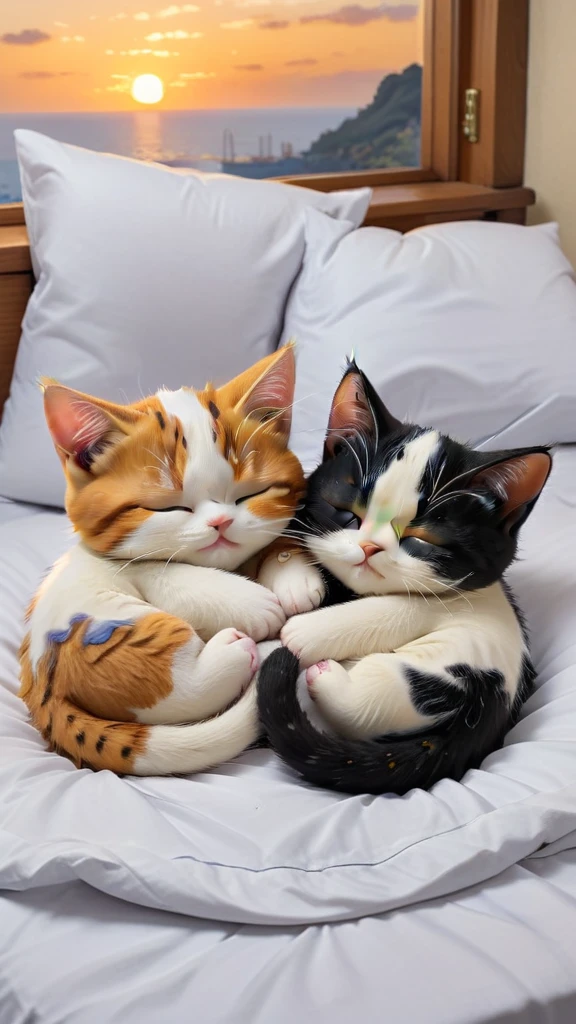 With the sunset in the background,(masterpiece:1.2, high quality), A calico kitten sleeping together in bed、smile,