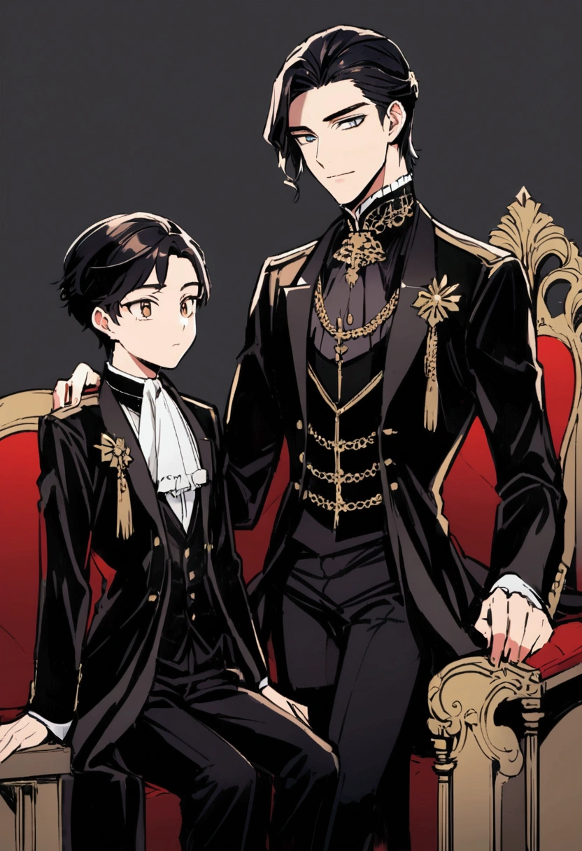 ((1 boy)) He has a dark skin,an white shirt with lance sleeves,an black suit/vest, an white jabot with some gold details and a blue pearl,black pants, black shoes, an belt with some chains and some crosses on it, he has some chains on his suit, a necklace with a small wrench,he has some rings and chains on his hands, he has black hair styled like a wolfcut, curved horns, small white horns in front of black horns, a pair of glasses hanging with some chains, small elf ears with black piercings, a chain crown. He has one red and black eye and one red and white eyes, he has a skeleton hand on his shoulder with a black rose