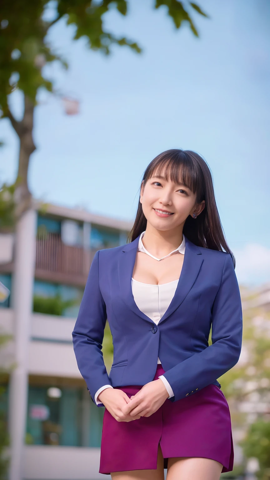 (1 female),beauty,Beautiful Face,smile,(office lady suit:1.4),A dignified appearance,Plump Style,(Saggy breasts:1.3)、(Peeking into this、Front view),Focus on the chest,Ultra-realistic,Ultra-high resolution,highest quality,8k,masterpiece,(random location)、The cutest Yoshioka Riho, (cleavage:1.3),(mini skirt),( smile:0.8)