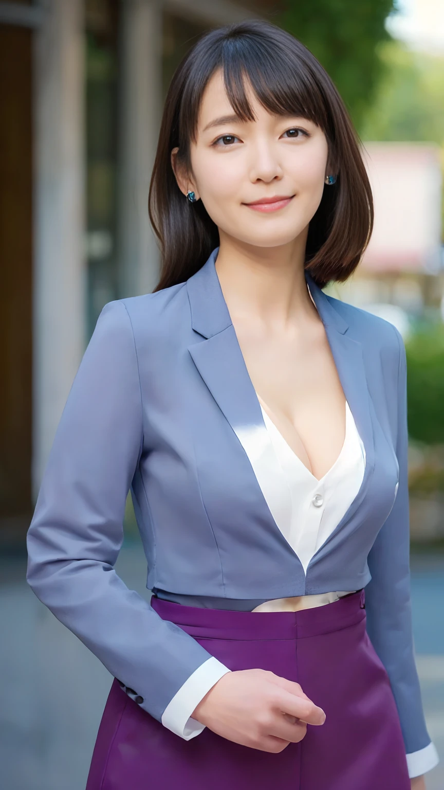 (1 female),beauty,Beautiful Face,smile,(office lady suit:1.4),A dignified appearance,Plump Style,(Saggy breasts:1.3)、(Peeking into this、Front view),Focus on the chest,Ultra-realistic,Ultra-high resolution,highest quality,8k,masterpiece,(random location)、The cutest Yoshioka Riho, (cleavage:1.3),(mini skirt),( smile:0.8)