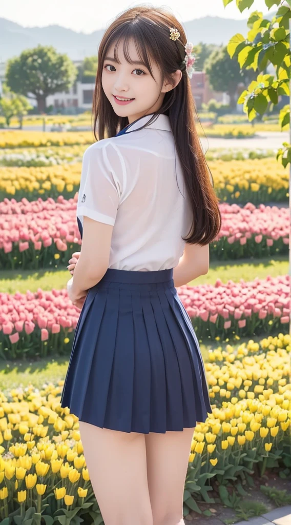 (Highest quality、Ultra-high resolution、８ｋ、masterpiece:1.3)、Beautiful woman with perfect figure:1.4、Black Hair、(((((School Uniform))))、Big eyes、派手な、（high school girl）、(Navy blue pleated skirt)、Ultra mini skirt、A beautiful woman、School Bag、Highly detailed face and skin、Detailed eyes、Shiny thighs、double eyelid、Thin legs、The best smile、(((１people)))、(I can see her panties：1.8)、White panties、(スカートの間からI can see her panties:1.5)、The best smile、Extraordinary beauty、Age is 1０years old、Perfect Proportions、whole body、(blue sky:1.5)、Baby Face、Touch your hair with your hands、The wind is blowing、(((Skirt that flips up)))、(Skirt lift)、Back view、look back、Angle from below、Tulip Fields、Beautiful Landscape、Good weather、