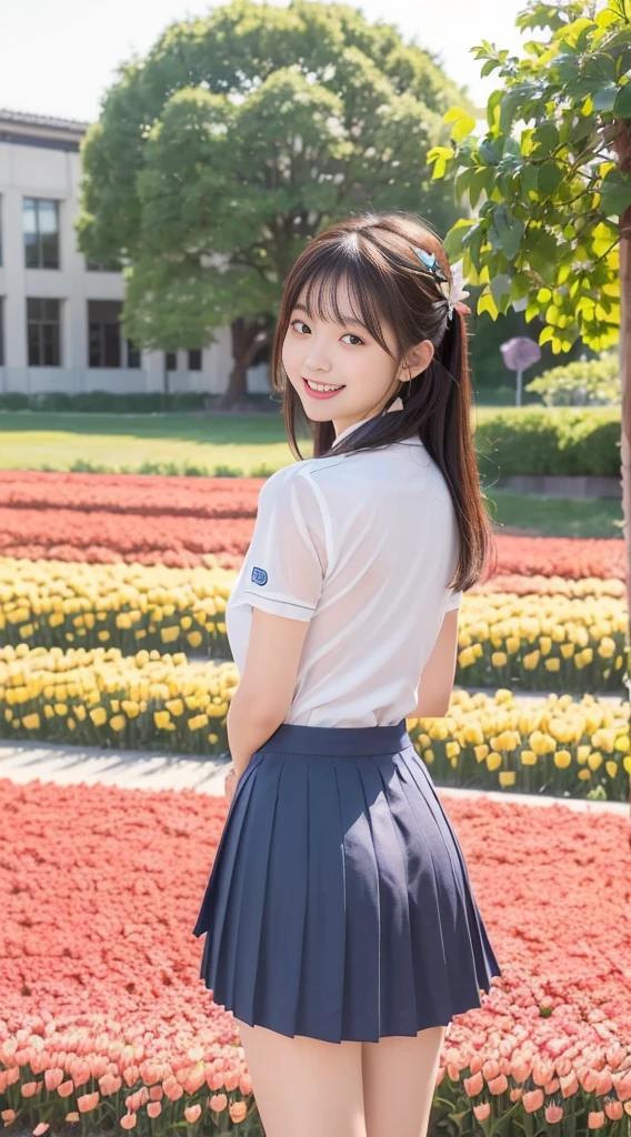 (Highest quality、Ultra-high resolution、８ｋ、masterpiece:1.3)、Beautiful woman with perfect figure:1.4、Black Hair、(((((School Uniform))))、Big eyes、派手な、（high school girl）、(Navy blue pleated skirt)、Ultra mini skirt、A beautiful woman、School Bag、Highly detailed face and skin、Detailed eyes、Shiny thighs、double eyelid、Thin legs、The best smile、(((１people)))、(I can see her panties：1.8)、White panties、(スカートの間からI can see her panties:1.5)、The best smile、Extraordinary beauty、Age is 1０years old、Perfect Proportions、whole body、(blue sky:1.5)、Baby Face、Touch your hair with your hands、The wind is blowing、(((Skirt that flips up)))、(Skirt lift)、Back view、look back、Angle from below、Tulip Fields、Beautiful Landscape、Good weather、