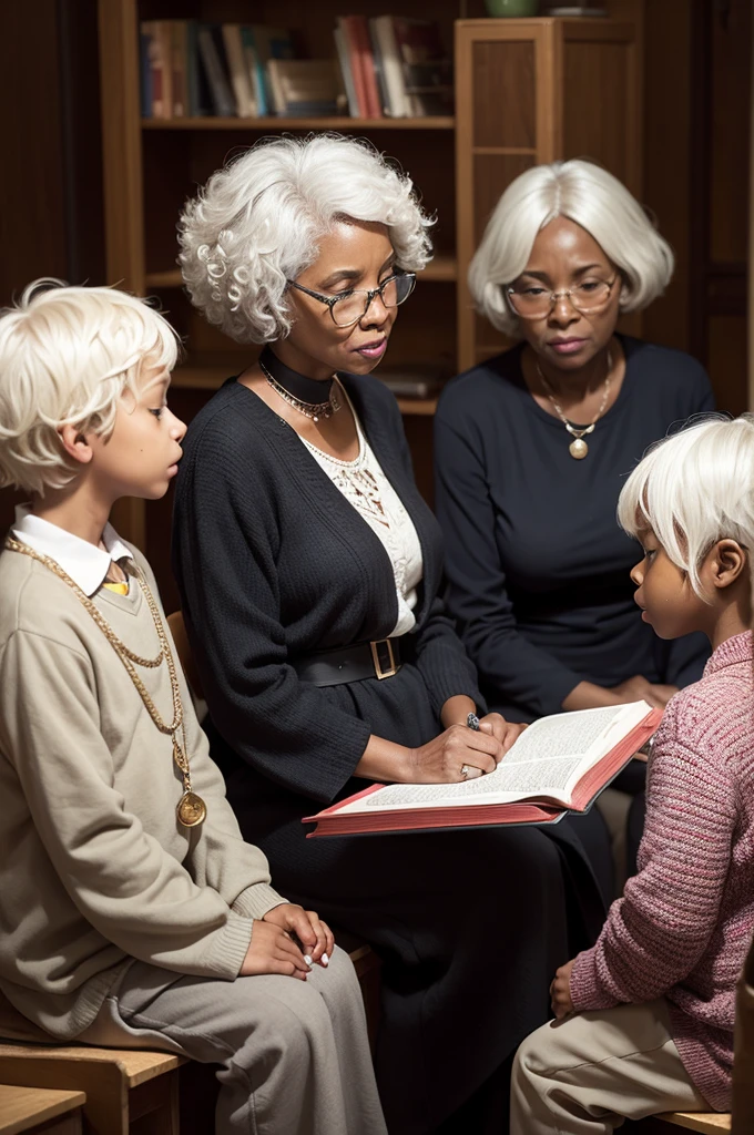create a black woman, with short, curly white hair, in her 70s, with a bible in her hand, sitting. In the background, several children are listening to her telling a story from the Bible, show her thinking and the image appears on the angel