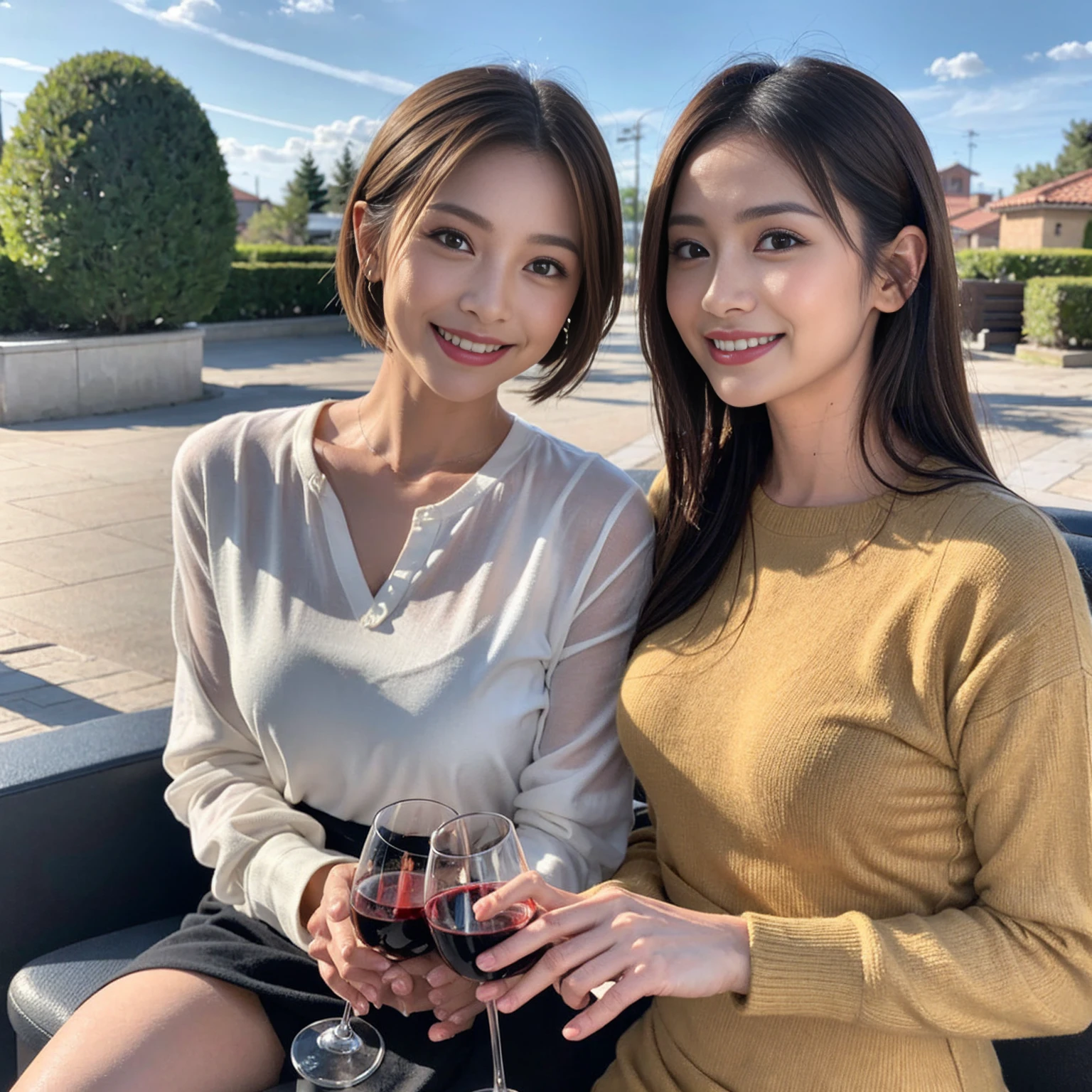 (Realistic:1.1),(masterpiece,Highest quality),8k,(44 years old), 42 years old, slimカップル、Model Couple、actress/actor、Tight waist,Upper Body,full-course dinner、wine 、Amazing view of the sunset sky and clouds、Perfect Anatomy, Brown Hair, short hair,Random Hairstyles,((Highly detailed face and eyes:1.2))(cute顔:1.4),美しいactressの顔,Perfect golden ratio face,Long sleeve shirt、dress,(smile:1.2)、Shortcuts、cute、(Realistic, Intricate details:1.2), A bright smile、short hair,Bright Face、赤wine 、Appetizers、Italian food、wine bottle、Champagne、スパークリングwine、(slimな顔), (The body is slim), (Brown Hair), (Shortcuts), Upper Body, 白wine, slim, wineグラス,