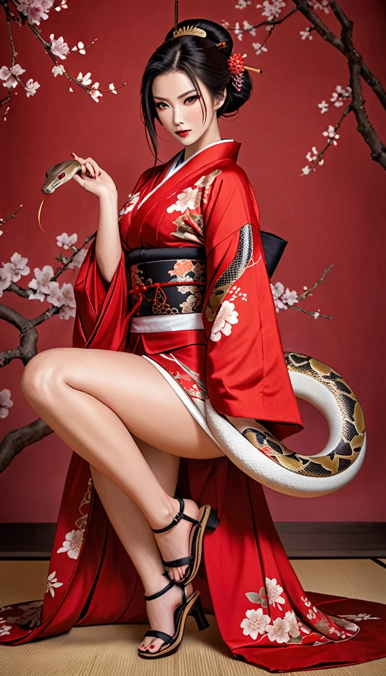 (masterpiece), best quality, expressive eyes, perfect face, HD, Benisato, kunoichi, snakes tattooed, She is a tall and matured woman with a slender curvaceous build with long legs and arms, Although a ninja herself, Benisato has the appearance of a beautiful and seductive geisha, She has porcelain skin and long dark hair tied back in a coif with a hairpin and traditional comb, Benisato is covered in serpent tattoos that come alive when she uses her powers and will usually appear naked during a battle to throw off her male victims, She wears traditional Japanese geisha robes, full body, pants, long sleeves, Vest, sandals, kimono, Hongli, snakes supranatural 