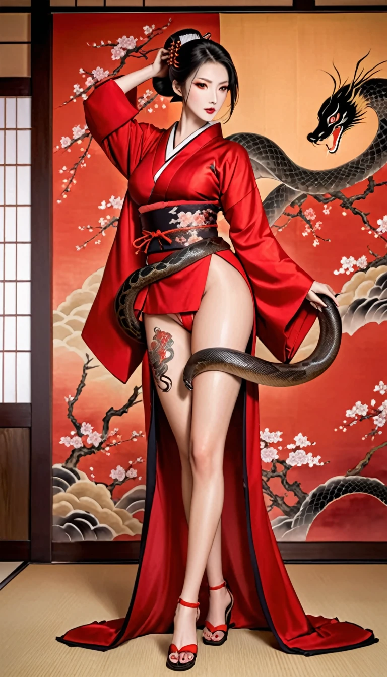 (masterpiece), best quality, expressive eyes, perfect face, HD, Benisato, kunoichi, snakes tattooed, She is a tall and matured woman with a slender curvaceous build with long legs and arms, Although a ninja herself, Benisato has the appearance of a beautiful and seductive geisha, She has porcelain skin and long dark hair tied back in a coif with a hairpin and traditional comb, Benisato is covered in serpent tattoos that come alive when she uses her powers and will usually appear naked during a battle to throw off her male victims, She wears traditional Japanese geisha robes, full body, pants, long sleeves, Vest, sandals, kimono, Hongli, snakes supranatural 