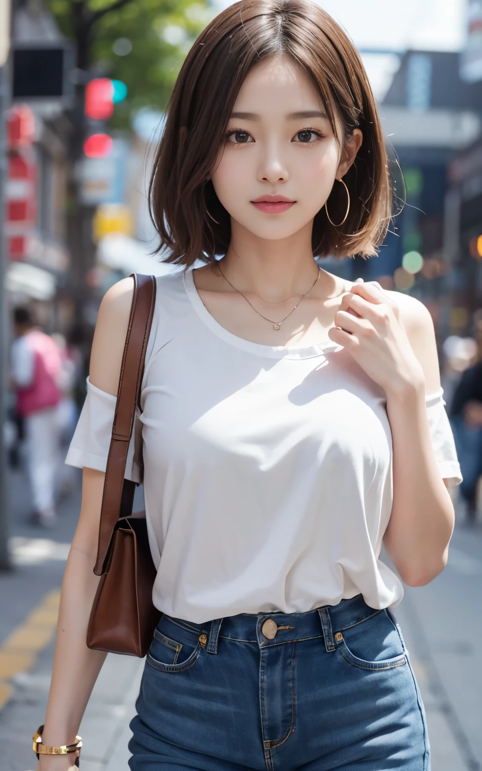 Cute 21 year old Japanese、shopping、Ultra-detailed facial features、Attention to detail、double eyelid、Beautiful and thin nose、Sharp Focus：1.2、beauty：1.4、（Light Brown Hair、Short Hair、）、Pure white skin、highest quality、masterpiece、超High resolution、（Photorealistic：1.4）、High resolution、Professional Lighting、nice smile、please show me your whole body、Casual pants、Colorful spring clothes、