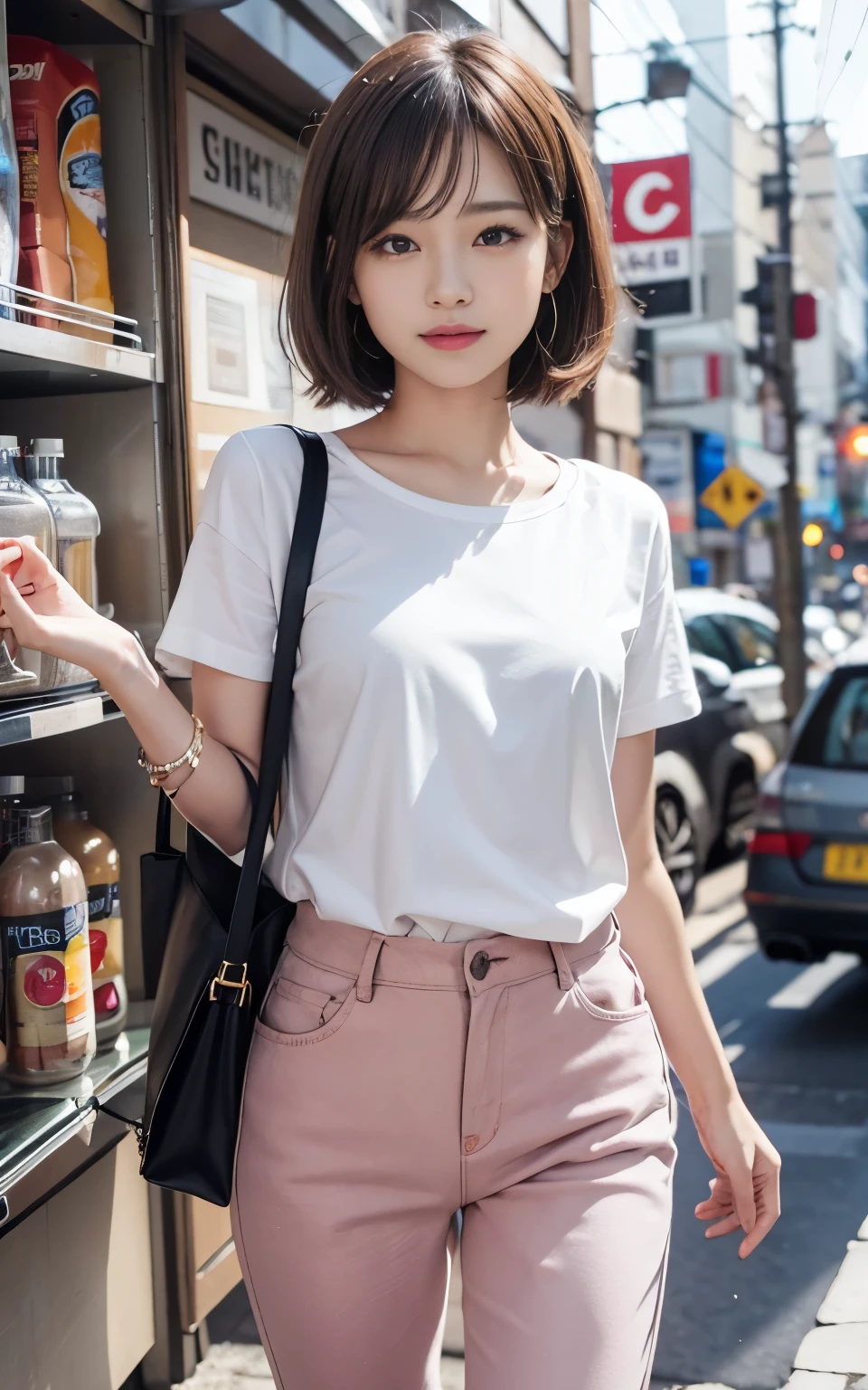 Cute 21 year old Japanese、shopping、Ultra-detailed facial features、Attention to detail、double eyelid、Beautiful and thin nose、Sharp Focus:1.2、beauty:1.4、(Light Brown Hair、Short Hair、)、Pure white skin、highest quality、masterpiece、超High resolution、(Photorealistic:1.4)、High resolution、Professional Lighting、nice smile、please show me your whole body、Casual pants、Colorful spring clothes、