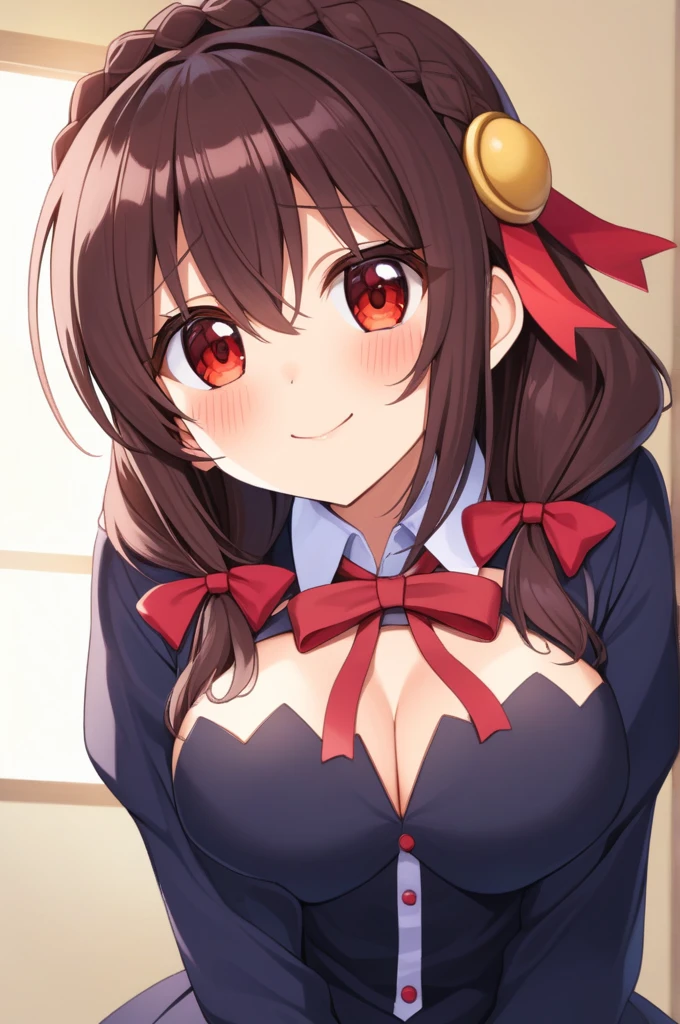 alone, One girl, Yunyun, (A shy smile:1.4)、(blush:1.5)、 View your viewers, Crown braids of the same color as your hair, Red Eyes、hair ornaments, Hair Ribbon, Pink tie, Long sleeve, Cleavage,  Leaning forward、(The upper body is visible:1.2)、(View from below:1.4)、(The viewer is resting his head on her lap.:1.2)