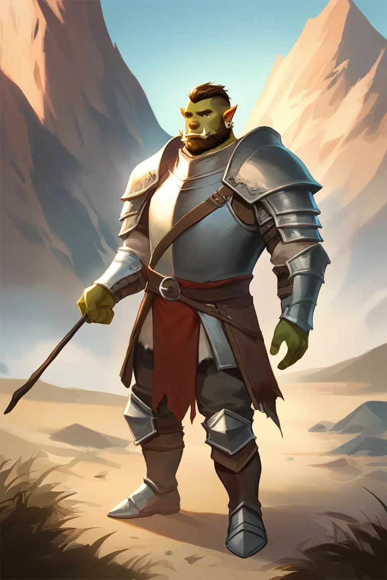 score_9, score_8_up, score_7_up, solo, male focus, chubby male, orc, green skin, tusks, beard, outdoors, damaged armor , shoulder armor, breastplate, day, armor boots , full body , The fool , wears ragged clothes and stockings without shoes, carries a stick on his back, He has what appear to be feathers in his hair , His unruly beard and feathers may relate to the tradition of the woodwose or wild man