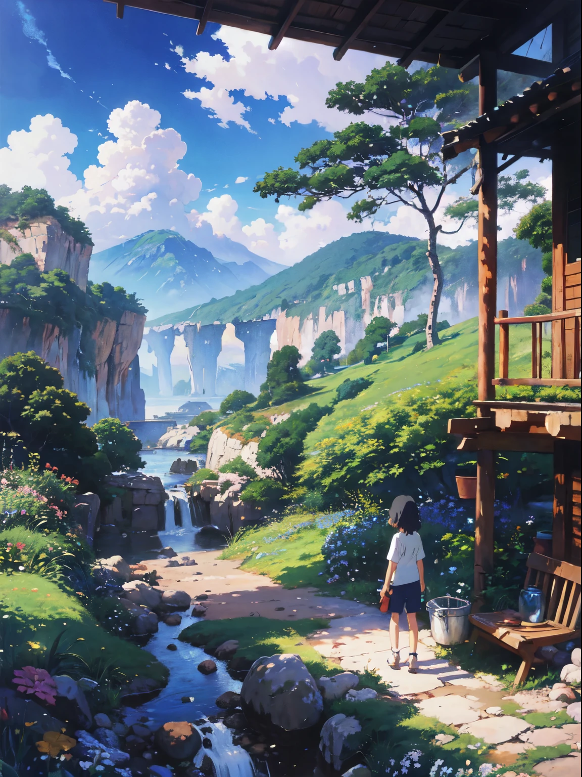Practical, for real, Beautiful and stunning landscape oil painting Hayao Miyazaki Studio Ghibli'Petal grassland with blue sky and white clouds--v6