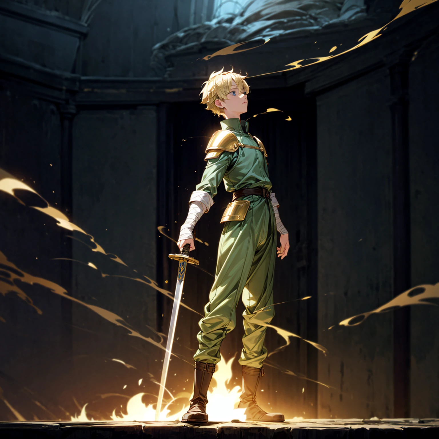 1boy, Full body version, 1character, blue eyes, sad eyes, short haircut, blonde color hair, bandage on head, soldier style outfit, big armors, black Boots, Grassroots, full background indoor building, motion blur, (one piece style art), standing gesture, sword lighting gold in hand, fire effect on sword, smoke effect, fire effect in background, plasma effect, light fire, (high angle view, hd, masterpiece)