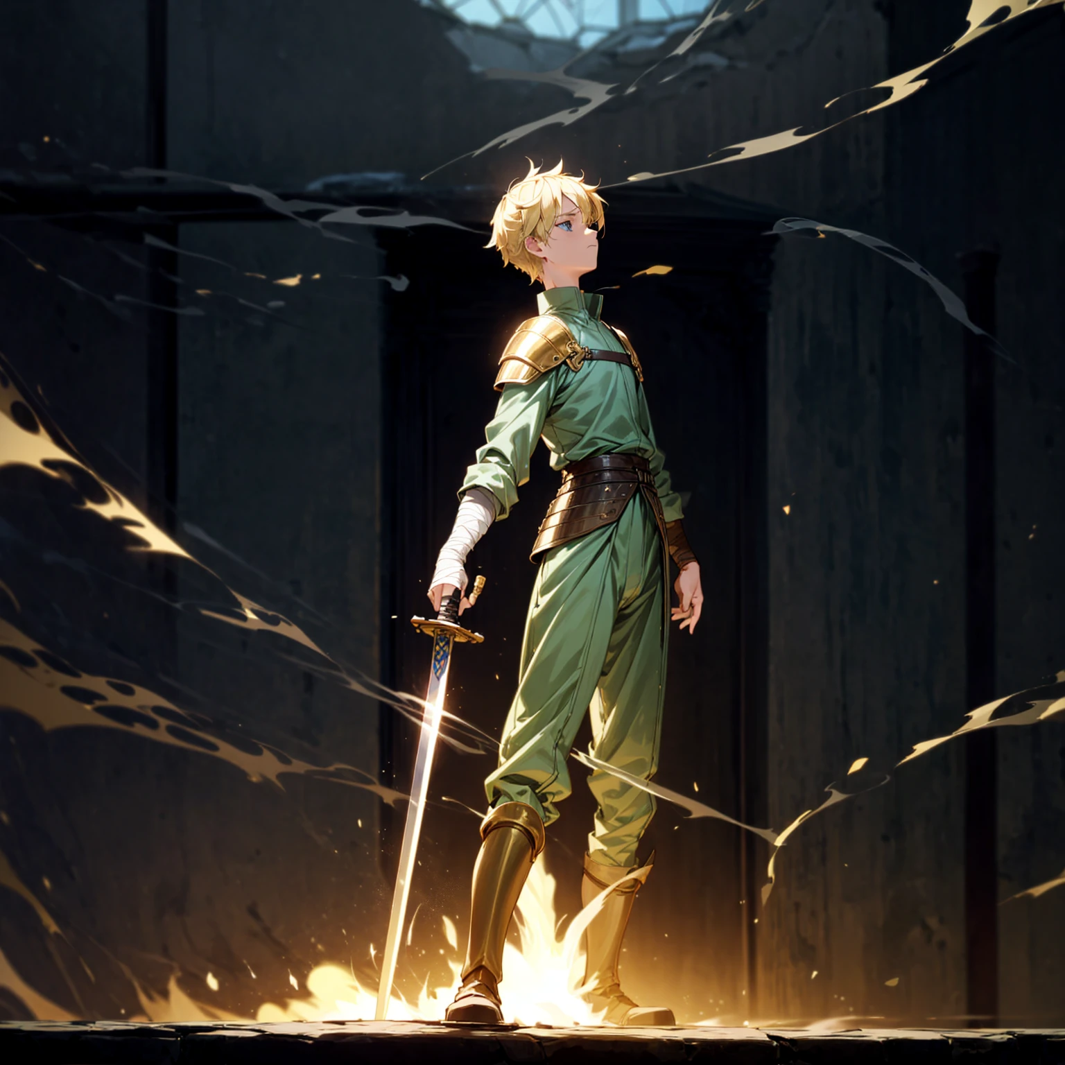 1boy, Full body version, 1character, blue eyes, sad eyes, short haircut, blonde color hair, bandage on head, soldier style outfit, big armors, black Boots, Grassroots, full background indoor building, motion blur, (one piece style art), standing gesture, sword lighting gold in hand, fire effect on sword, smoke effect, fire effect in background, plasma effect, light fire, (high angle view, hd, masterpiece)