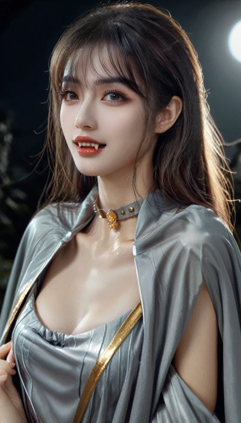 (RAW photo, best quality, masterpiece, ultra-detailed, high res), (realistic),(extremely delicate and beautiful:1), mesmerizing woman with long hair in sleek high ponytail , (((wearing glossy silver and gold lined cloak fastened at the neck :1.20))), crop top and hotpants , moonlit graveyard , detailed features, smiling expression of feelings, imaginative, highly detailed, extremely high-resolution details, photographic, realism pushed to extreme, fine texture, 4k, ultra-detailed, high quality, high contrast, full body shot