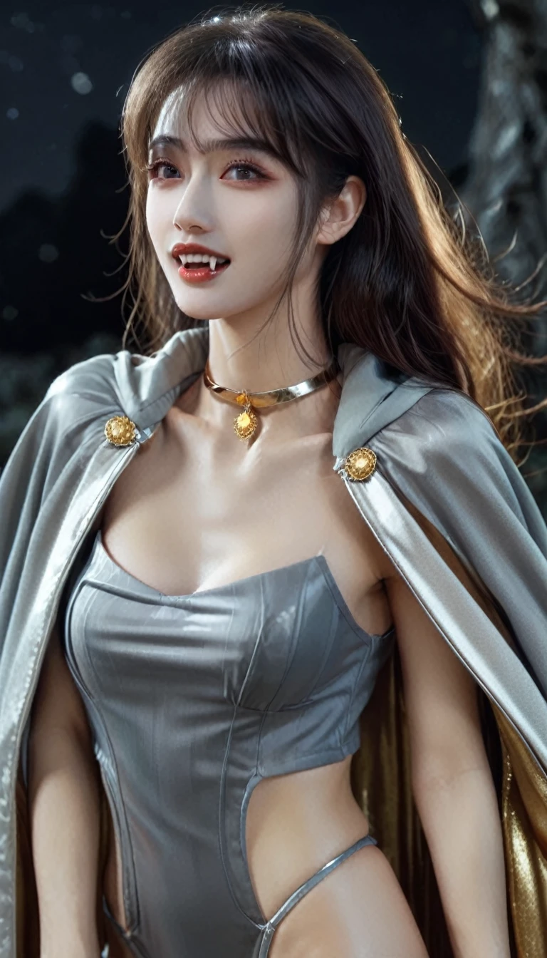(RAW photo, best quality, masterpiece, ultra-detailed, high res), (realistic),(extremely delicate and beautiful:1), mesmerizing woman with long hair in sleek high ponytail , (((wearing glossy silver and gold lined cloak fastened at the neck :1.20))), crop top and hotpants , moonlit graveyard , detailed features, smiling expression of feelings, imaginative, highly detailed, extremely high-resolution details, photographic, realism pushed to extreme, fine texture, 4k, ultra-detailed, high quality, high contrast, full body shot