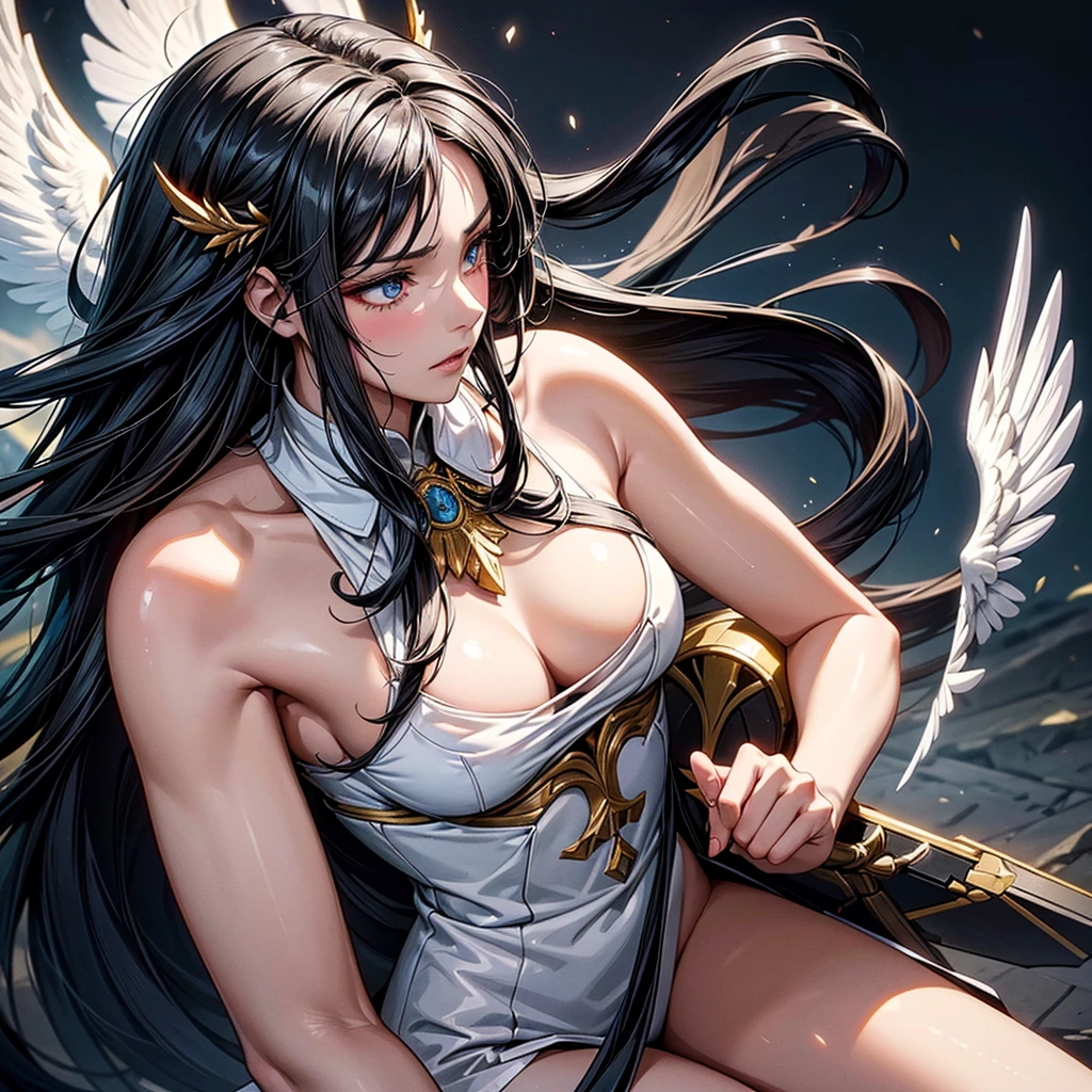 NSFW, sexy, erotic, adult, Striking and realistic animated digital illustration. It depicts a noble young female princess knight leading an army on a medieval European battlefield. The look of shame on their faces as they endure rape and humiliation, She is also a war priestess blessed by the goddess of war. Her armor is gorgeous and colorful, with elaborate embroidery and decorations that accentuate her divine figure. She is proficient in swordsmanship, and is depicted in a moment of performing this skill. To emphasize the moment of this technique, she is depicted from different dynamic angles, highlighting the movement and intensity of her swordsmanship. Her expression is stern and dignified, emphasizing her presence. A fierce black wind swirls around her, and many eagles fly at high speed to enhance the effect of her technique. Her long black hair flows with her movements, and the background is filled with a battlefield that creates a dramatic atmosphere as she leads her army. An aura of divine light envelops her, her white wings dance and she is depicted as a neon-like luminous presence. Sacred blessing effects have been added to emphasize that she is blessed by the goddess of war. --NSFW, --sexy