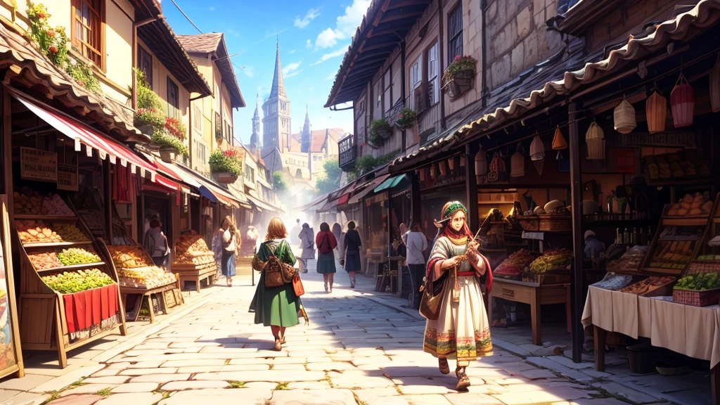 masterpiece, best quality, high resolution, extremely detailed CG, absurdres, highres, fantasy art, landscape, Morning mist clings to cobblestone streets as vendors in vibrant attire hawk exotic wares amidst ancient architecture. Towering spires and ornate facades mingle with humble market stalls, while a diverse array of faces - humans, elves, dwarves, and more - hurry about with baskets, bundles, and curious gazes. The air is alive with the cacophony of merchants' calls, hammering on metal through the chaotic scene, fantasy village illustration anime, walking through the market place, medieval village, people shopping from stalls, busy street