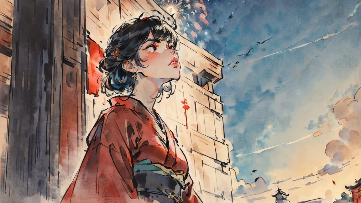 (((beautiful girl))), (((red cheek))),(((Medium Hair))) ,(((shrine))), (((river))), (((shoot from below))),(((from side))),(((Gazing Skyward:1.8))),(((night))),(((Huge fireworks))), (Lips are red:1.5),20-year-old, Watercolor, masterpiece, Highest quality, Very delicate and beautiful girl,Very delicate and beautiful, world masterpiece theater, Super detailed, Very detailedな, Highest quality,(((fancy red kimono)))。 (((Black Hair))), (((Black Hair))), (((Black Hair))), (((Upper Body))), (((Upper Body))), (((Upper Body))), (((Upper Body))), (((Upper Body))), (((Upper Body))), High resolution, Very detailed,5 girls, Highest quality, figure, masterpiece, Highest quality, Accuracy, A woman in her twenties from the late Edo period, He has a modern anime-like face.