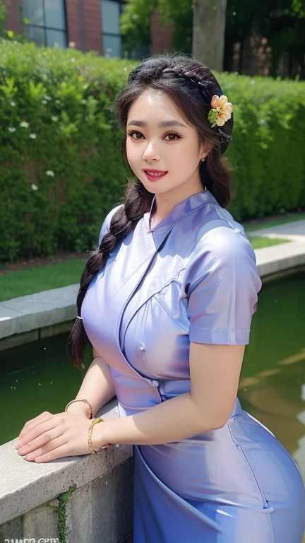 (best quality,4k,8k,highres,masterpiece:1.2),ultra-detailed,(realistic,photorealistic,photo-realistic:1.37),HDR,UHD,studio lighting,ultra-fine painting,sharp focus,physically-based rendering,extreme detail description,professional,vivid colors,bokeh,portrait,beautiful detailed eyes,beautiful detailed lips,extremely detailed eyes and face,longeyelashes,a glamorous woman with braids hairstyle,smiling,dimples,a dress,posing,colorful flowers garden,a cherry tree,a stream