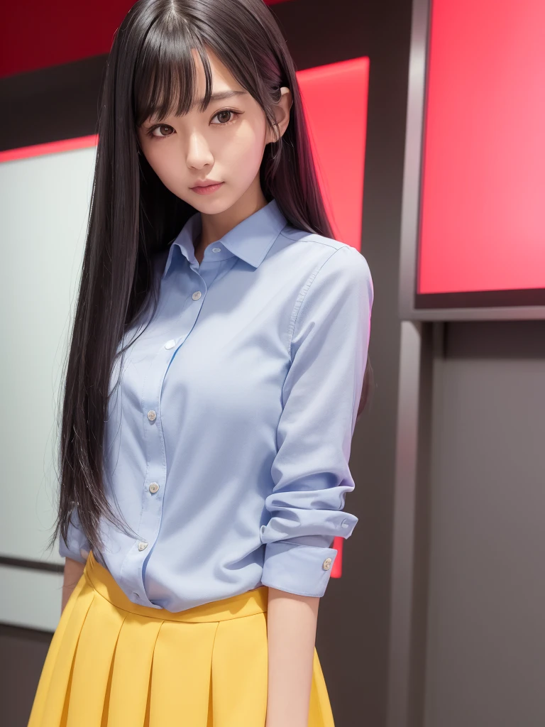 Beautiful Japanese woman, Perfect face with soft skin, Small face, nose and lips like a rose., beautiful eyes, beautiful smile. black, Beautiful, thin, long hair bathed in a radiant shine.. Gradient gray highlights layered, medium, fluffy, loose hairstyle., Navy blue band collar shirt × yellow houndstooth flared skirt, Bow down, Collared shirt with buttons open A red lacy bra and cleavage were visible beneath. , neon colorful background, Very realistic photos of women, High-quality 8K high-resolution masterpieces